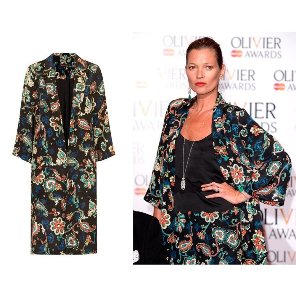 Kate Moss TOPSHOP Women's Black Silk Paisley Floral Overcoat Tunic Jacket Size 4
